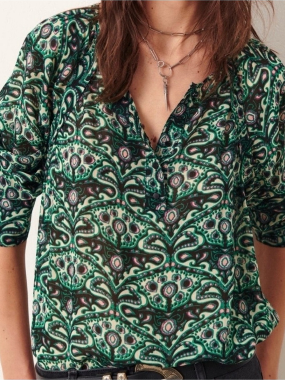 ba&sh FEL Viscose Georgette Green Paisley Long-Sleeve V-Neck Blouse Medium - Picture 4 of 9